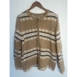Croft & Barrow Wm XL Tan Fair Isle Full Zip Cardigan Sweater Nordic Boho Cottage